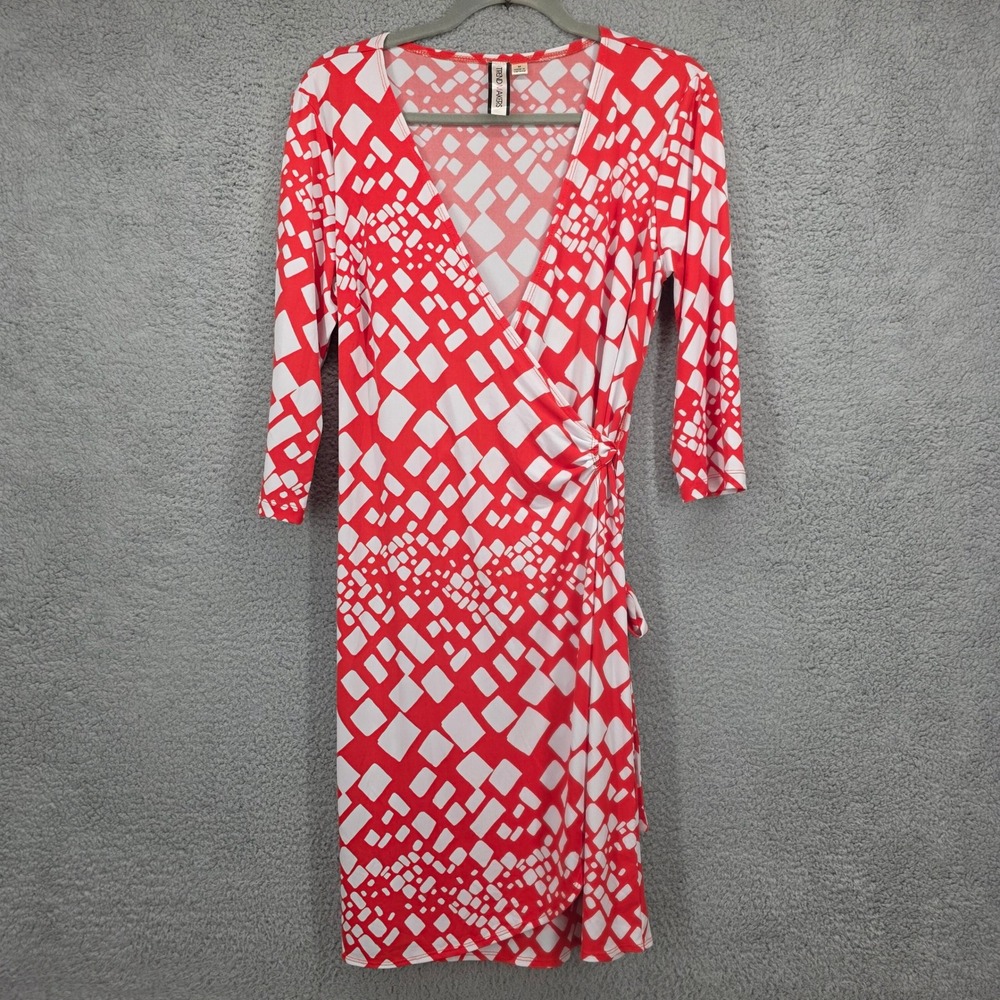 Trendmakers Red White Geometric Wrap Dress 3/4 Sleeve V-Neck Medium‎